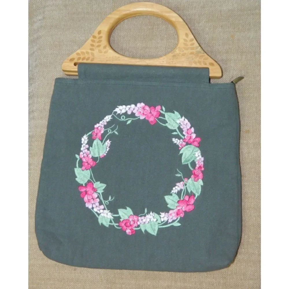 Vintage Blue Green Purse Wood Handles Pink Green‎ Floral Embroidery